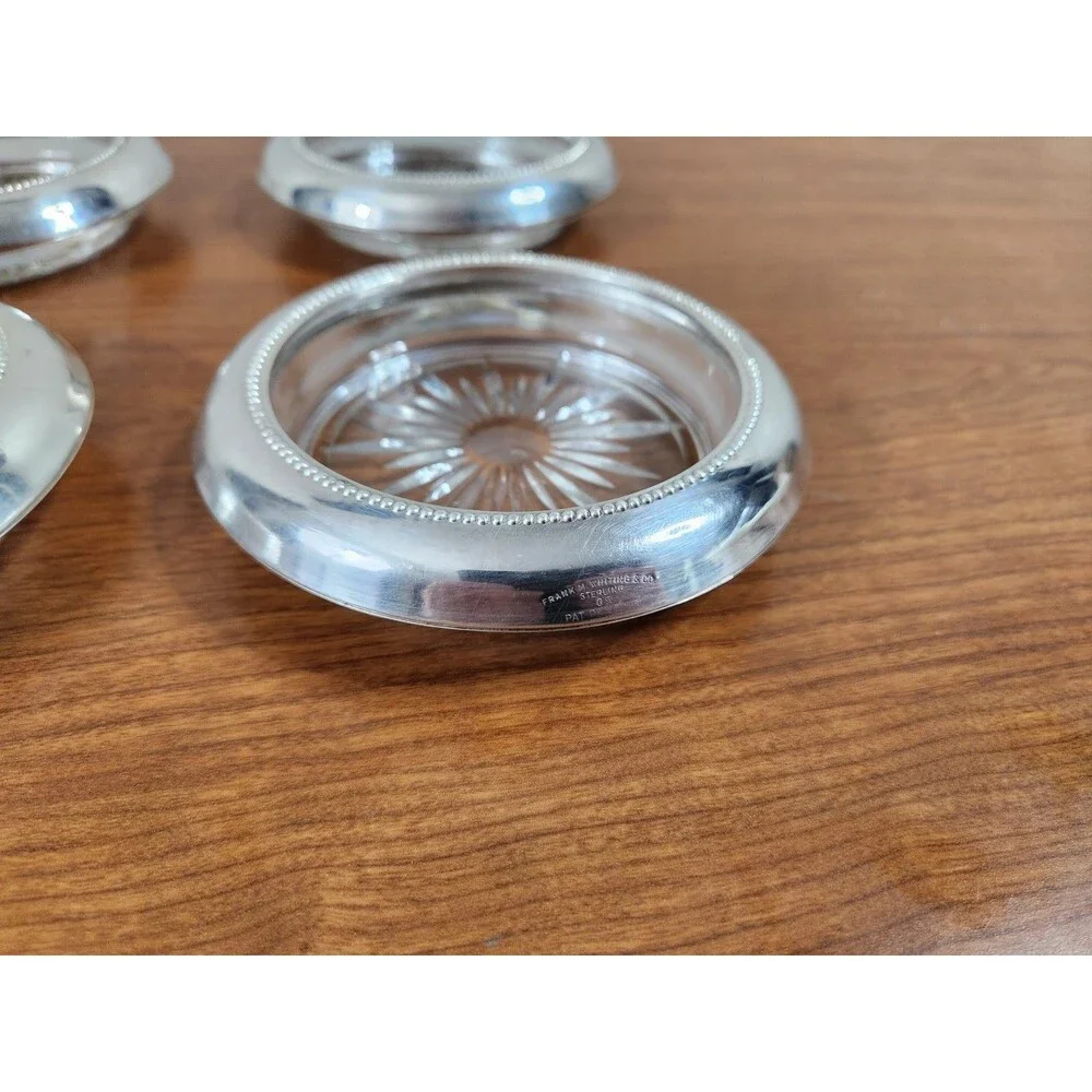 Vintage Set 6 Frank M. Whiting & Co Sterling Silver Glass Coasters #05 Starburst
